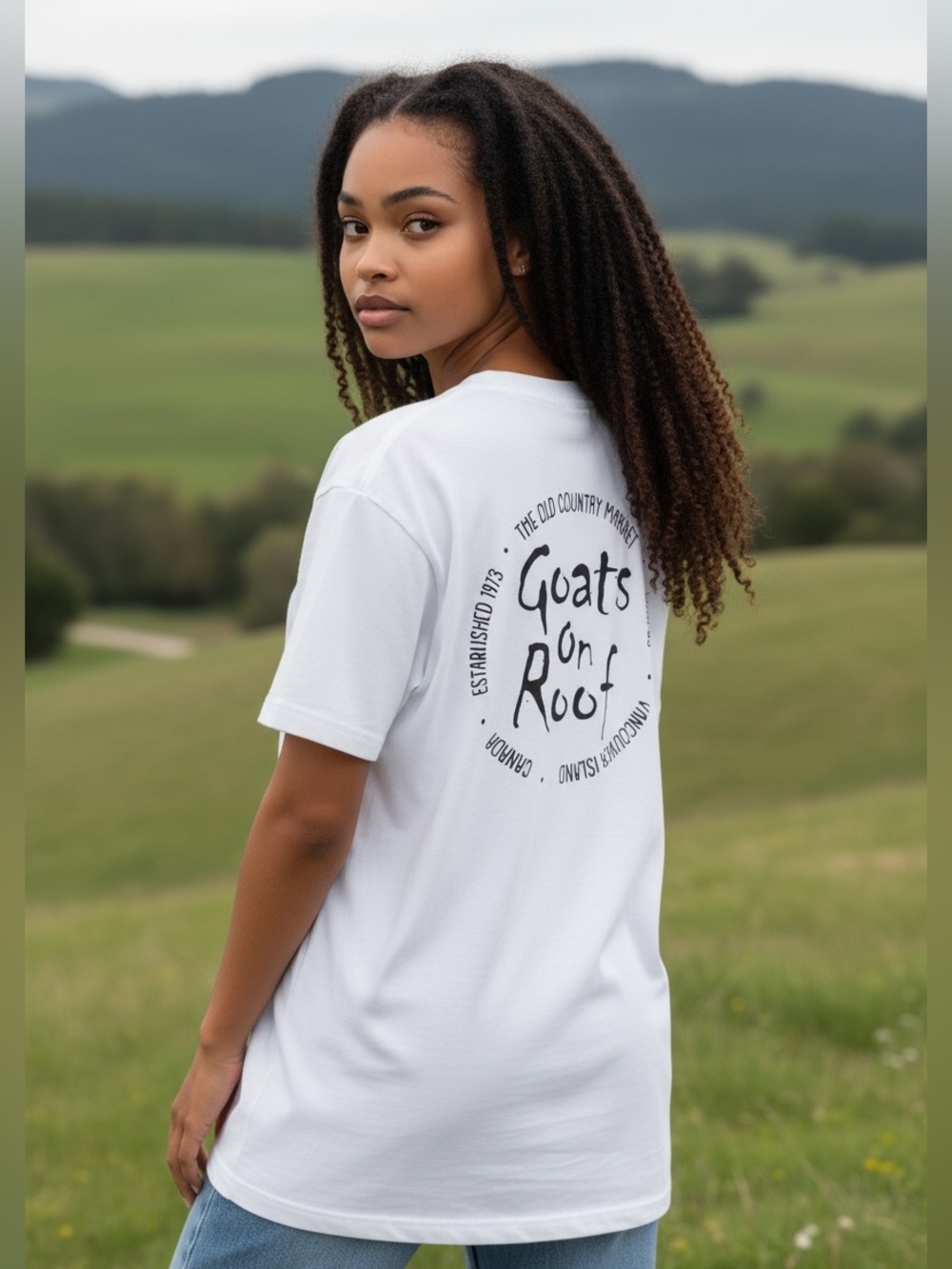 Goats on Roof Market Graphic T-Shirt Medium White - Coombs BC Vancouver Island